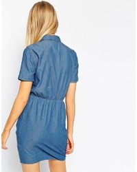Asos Collection Denim Tie Front Shirt Dress In Light Stonewash Blue