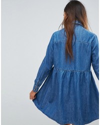Asos Denim Smock Shirt Dress In Midwash Blue