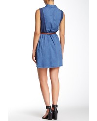 Angie Faux Leather Belted Lace Accent Denim Shirt Dress