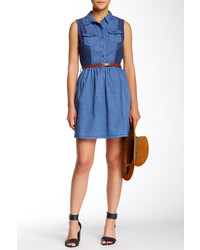 Angie Faux Leather Belted Lace Accent Denim Shirt Dress