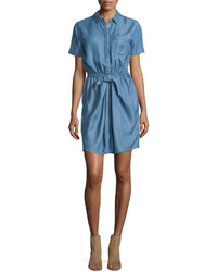 Neiman Marcus Linen Chambray Short Sleeve Shirtdress Denim Blue