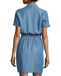 Neiman Marcus Linen Chambray Short Sleeve Shirtdress Denim Blue