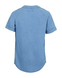 Topman Blue Denim Baseball Short Sleeve Shirt