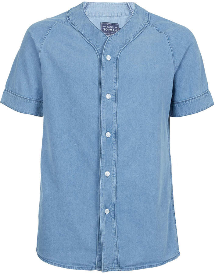 Topman Blue Denim Baseball Short Sleeve Shirt, $50, Topman