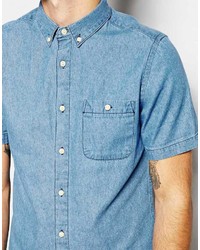 Asos Brand Denim Shirt In Short Sleeve With Mid Wash