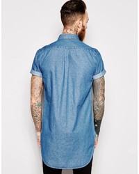 Asos Brand Super Longline Denim Shirt In Short Sleeve With Mid Wash