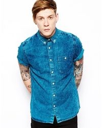 Asos Denim Shirt In Short Sleeve With Acid Overdye Blue
