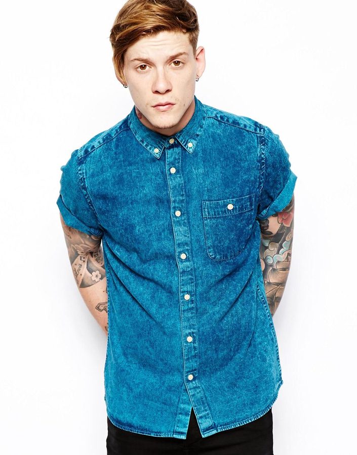 Asos Denim Shirt In Short Sleeve With Acid Overdye Blue, $41, Asos