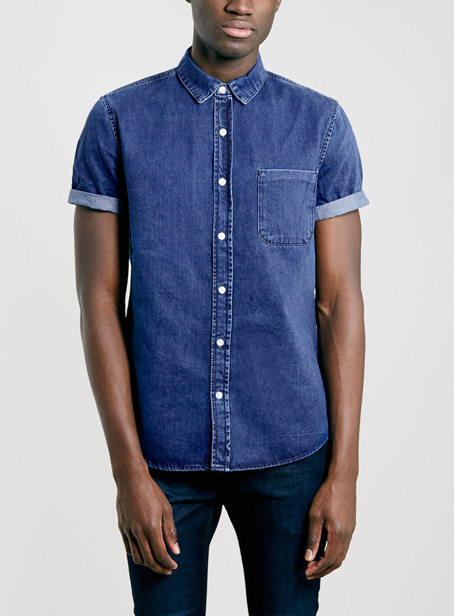 Topman Blue Denim Short Sleeve Shirt, $50 | Topman | Lookastic