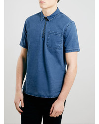 Topman Blue Denim Zip Short Sleeve Overhead Shirt