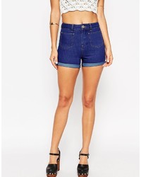 Asos Collection Denim Mom Shorts In Bright Blue With Patch Pocket