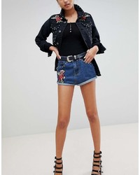 Liquor N Poker High Rise Denim Short With Studs And Rose Embroidery