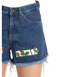 Off-White Roses Embroidered Cotton Denim Shorts