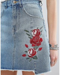 MinkPink Beauty And The Beast Reconstructed Denim Skirt With Rose Embroidery