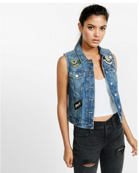 Express Denim Vest With Graphic Patches