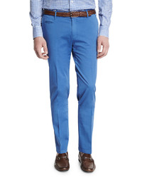 Isaia Flat Front Cotton Trousers Blue