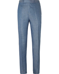 Gieves Hawkes Blue Slim Fit Herringbone Linen Suit Trousers