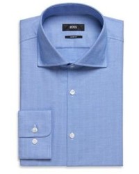 Hugo Boss Miles Us Sharp Fit Spread Collar Cotton Patterned Dress Shirt 15l Blue