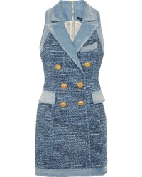 Balmain Denim Trimmed Tweed Mini Dress Blue