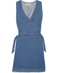 Madewell Frayed Cotton And Linen Blend Wrap Mini Dress Blue