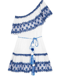 Miguelina Gauze Paneled Broderie Anglaise Cotton Voile Mini Dress Bright Blue