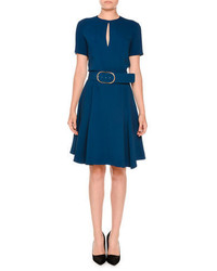 Stella McCartney Short Sleeve Keyhole A Line Belted Dress Blue