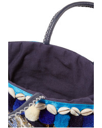 Figue Ibiza Tuk Tuk Mini Leather Trimmed Embellished Canvas Tote Blue