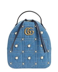 Gucci Gg Marmont 20 Imitation Pearl Embellished Denim Backpack