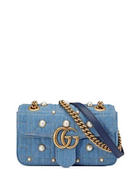 Gucci Gg Marmont 20 Imitation Pearl Embellished Denim Crossbody Bag