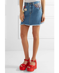 Marc Jacobs Embellished Frayed Denim Mini Skirt Mid Denim