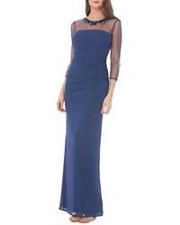 JS Collections Embellished Illusion Shirred Jersey Gown