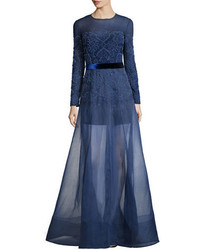 Jenny Packham Long Sleeve Embellished Gown Worganza Overlay Skirt Nightfall