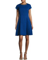 Ellen Tracy Short Sleeve Embellished Fit Flare Dress Cobalt