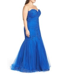 Mac Duggal Plus Size Embellished Applique Strapless Mermaid Gown