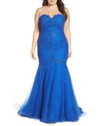 Mac Duggal Plus Size Embellished Applique Strapless Mermaid Gown