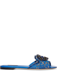 Blue Embellished Leather Flat Sandals
