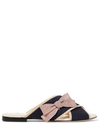 Fendi Bow Embellished Stretch Knit And Leather Slides Navy