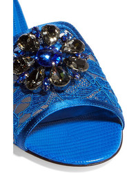 Dolce & Gabbana Embellished Corded Lace And Lizard Effect Leather Slides Cobalt Blue