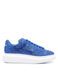 Blue Embellished Leather Low Top Sneakers