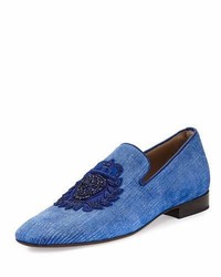 Donald J Pliner Pazano Linen Formal Loafer With Embellished Crest Blue