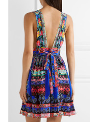 Camilla Chinese Whispers Embellished Printed Silk Crepe De Chine Mini Dress Bright Blue