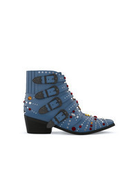 Blue Embellished Suede Ankle Boots