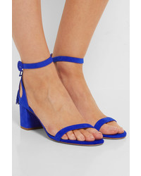 Aquazzura Pixie Bow Embellished Suede Sandals Bright Blue