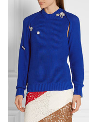 Preen by Thornton Bregazzi Sofie Crystal Embellished Cutout Cotton Sweater Bright Blue