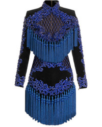 Blue Embellished Velvet Dress