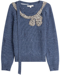 Blue Embellished Wool Sweater