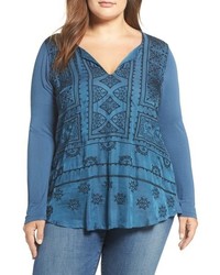 Lucky Brand Plus Size Embroidered Roll Sleeve Top