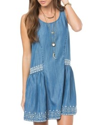 Blue Embroidered Chambray Shift Dress
