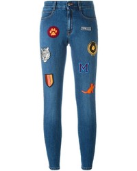 Blue Embroidered Cotton Skinny Jeans