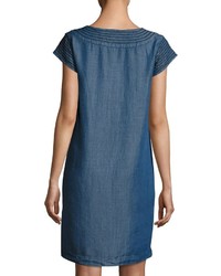 Joan Vass Cap Sleeve Embroidered Dress Dark Blue